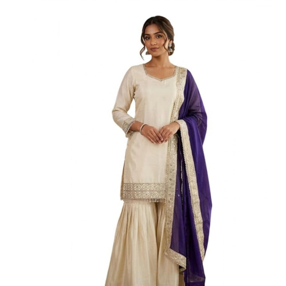 HD Women's Silk Embroidered 3/4th Sleeve V-Neck Kurti With Sharara Pant and Dupatta Set (Cream &amp; Purple)