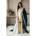 HD Women's Silk Embroidered 3/4th Sleeve V-Neck Kurti With Sharara Pant and Dupatta Set (Cream &amp; Teal)