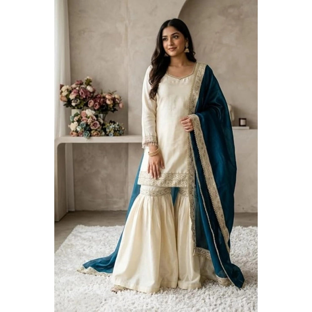 HD Women's Silk Embroidered 3/4th Sleeve V-Neck Kurti With Sharara Pant and Dupatta Set (Cream &amp; Teal)