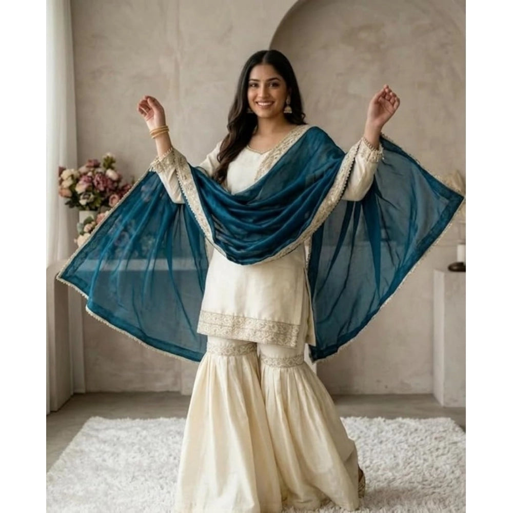 HD Women's Silk Embroidered 3/4th Sleeve V-Neck Kurti With Sharara Pant and Dupatta Set (Cream &amp; Teal)