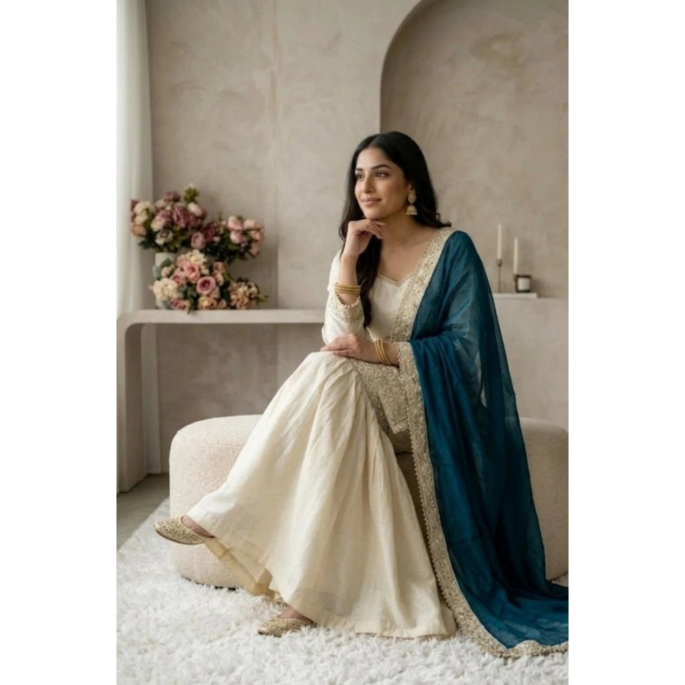 HD Women's Silk Embroidered 3/4th Sleeve V-Neck Kurti With Sharara Pant and Dupatta Set (Cream &amp; Teal)