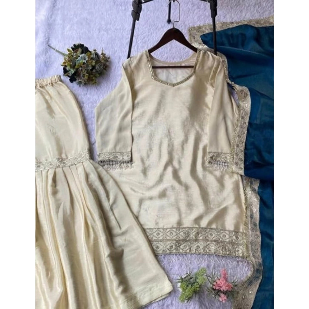 HD Women's Silk Embroidered 3/4th Sleeve V-Neck Kurti With Sharara Pant and Dupatta Set (Cream &amp; Teal)