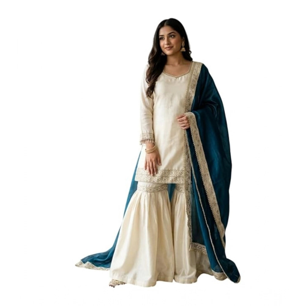 HD Women's Silk Embroidered 3/4th Sleeve V-Neck Kurti With Sharara Pant and Dupatta Set (Cream &amp; Teal)