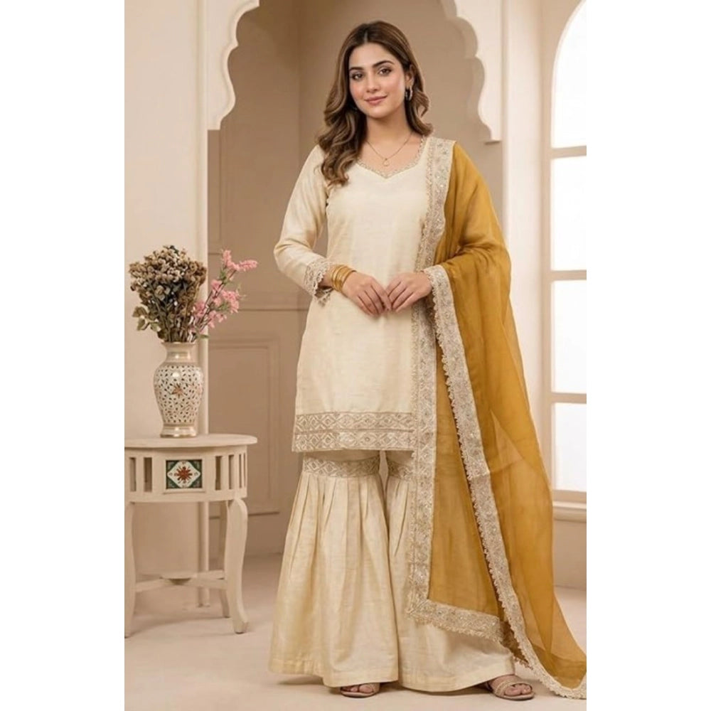 HD Women's Silk Embroidered 3/4th Sleeve V-Neck Kurti With Sharara Pant and Dupatta Set (Cream &amp; Yellow)