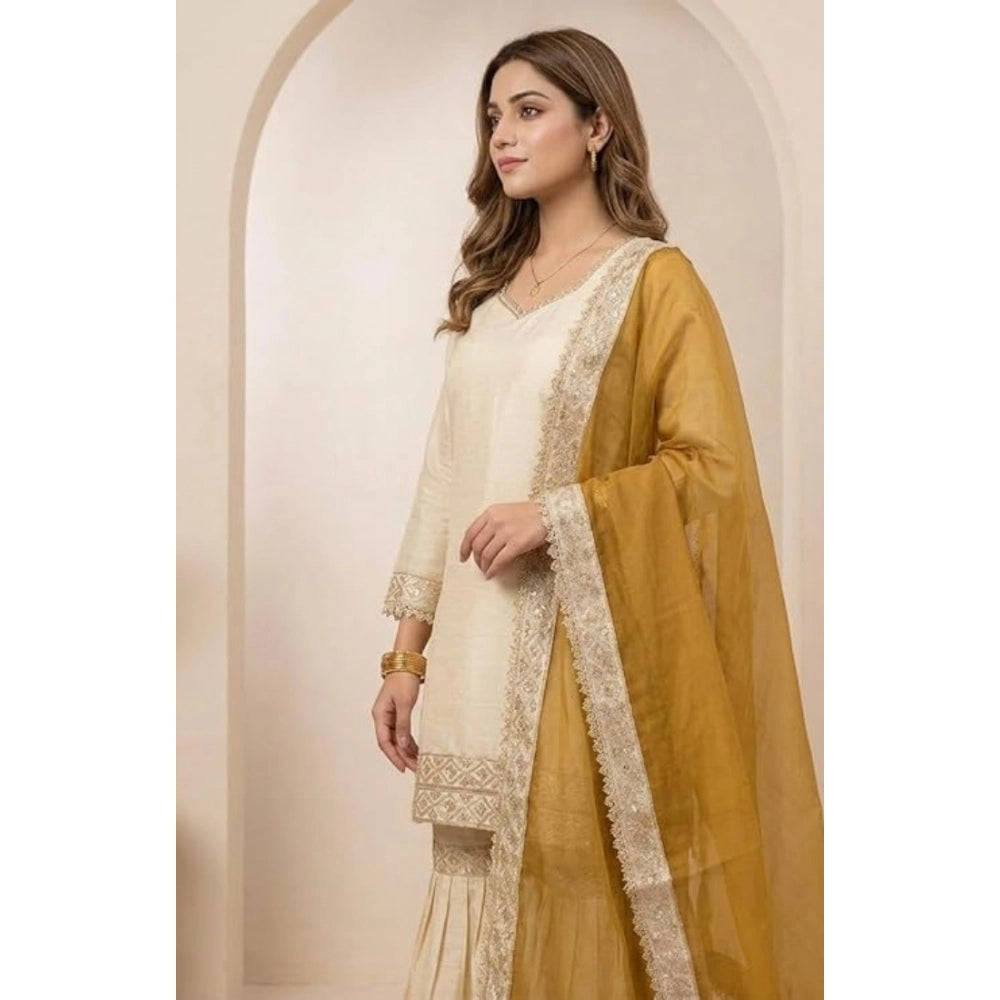 HD Women's Silk Embroidered 3/4th Sleeve V-Neck Kurti With Sharara Pant and Dupatta Set (Cream &amp; Yellow)