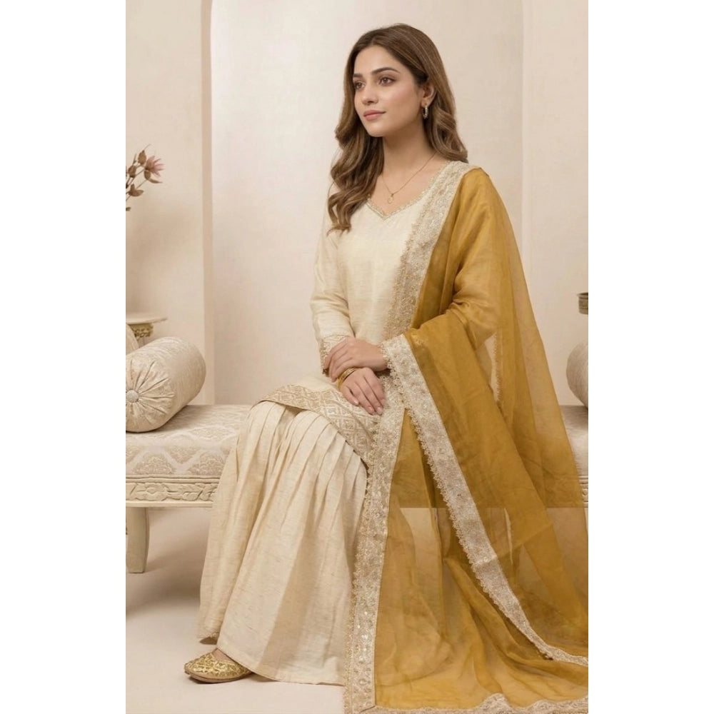 HD Women's Silk Embroidered 3/4th Sleeve V-Neck Kurti With Sharara Pant and Dupatta Set (Cream &amp; Yellow)