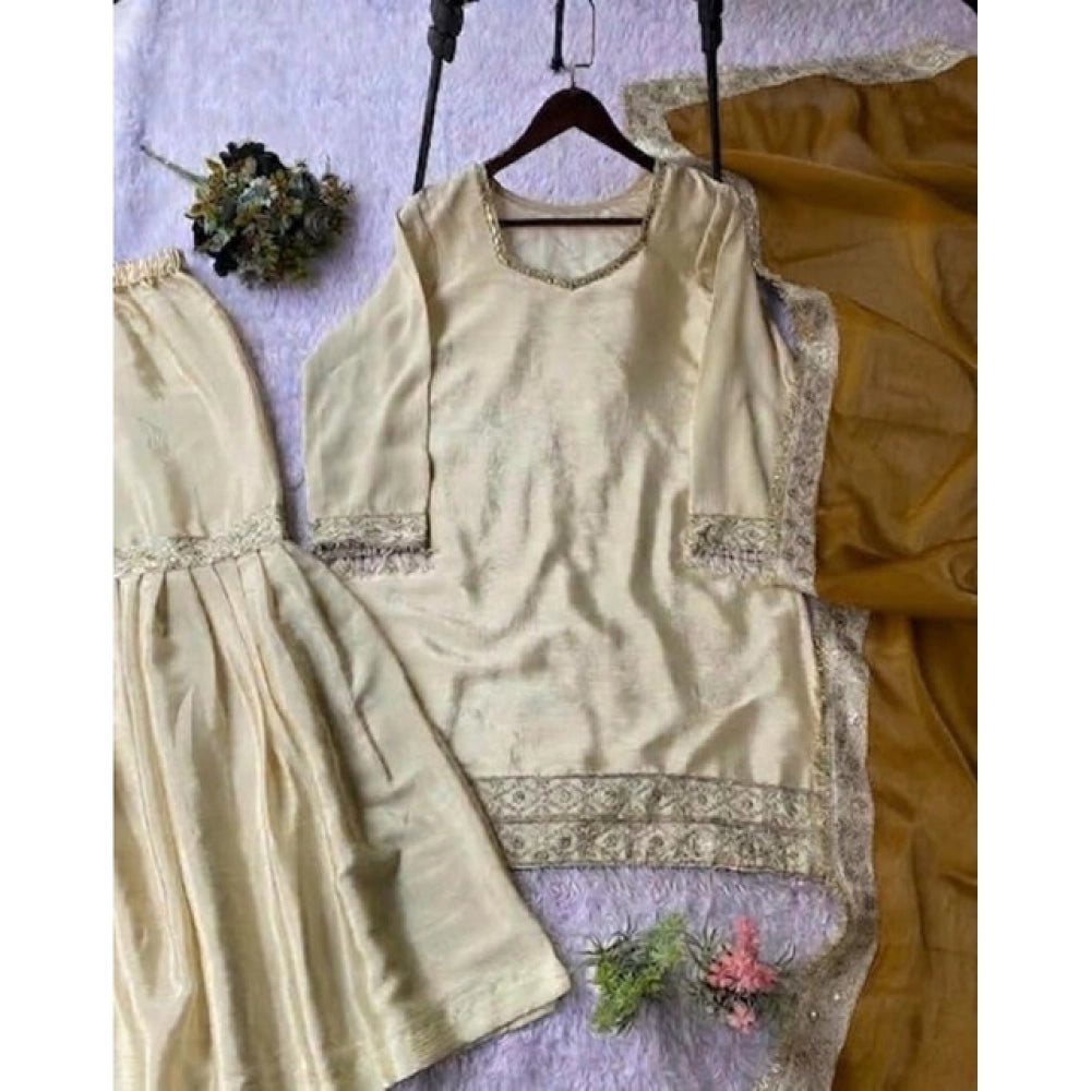 HD Women's Silk Embroidered 3/4th Sleeve V-Neck Kurti With Sharara Pant and Dupatta Set (Cream &amp; Yellow)
