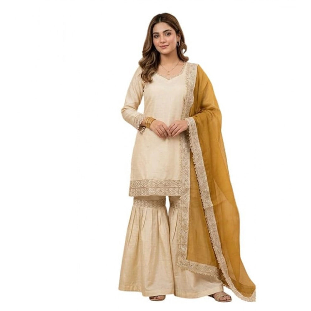HD Women's Silk Embroidered 3/4th Sleeve V-Neck Kurti With Sharara Pant and Dupatta Set (Cream &amp; Yellow)