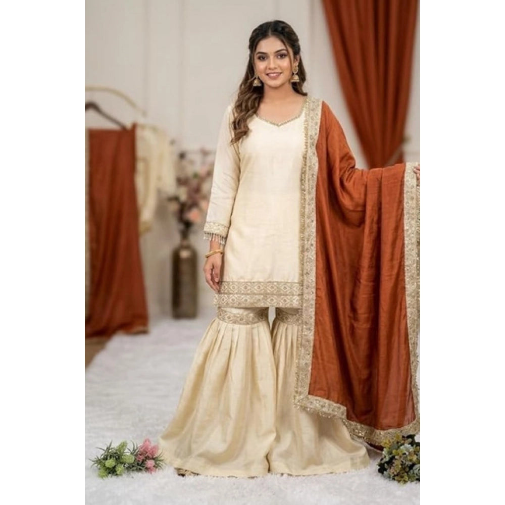 HD Women's Silk Embroidered 3/4th Sleeve V-Neck Kurti With Sharara Pant and Dupatta Set (Cream &amp; Orange)
