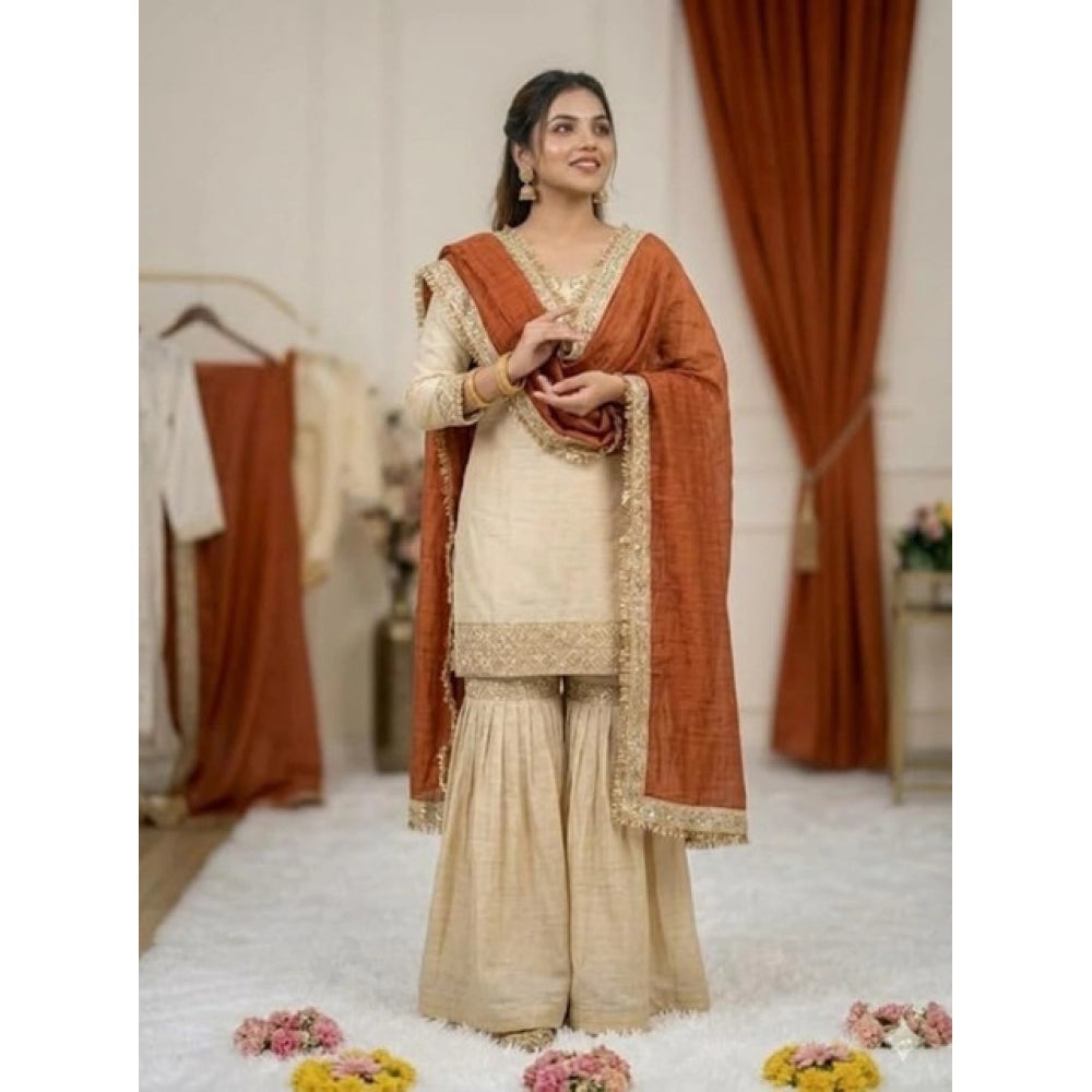 HD Women's Silk Embroidered 3/4th Sleeve V-Neck Kurti With Sharara Pant and Dupatta Set (Cream &amp; Orange)