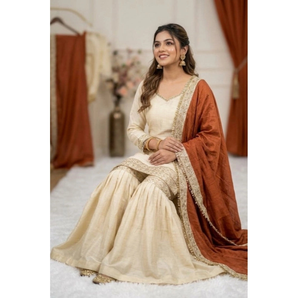 HD Women's Silk Embroidered 3/4th Sleeve V-Neck Kurti With Sharara Pant and Dupatta Set (Cream &amp; Orange)