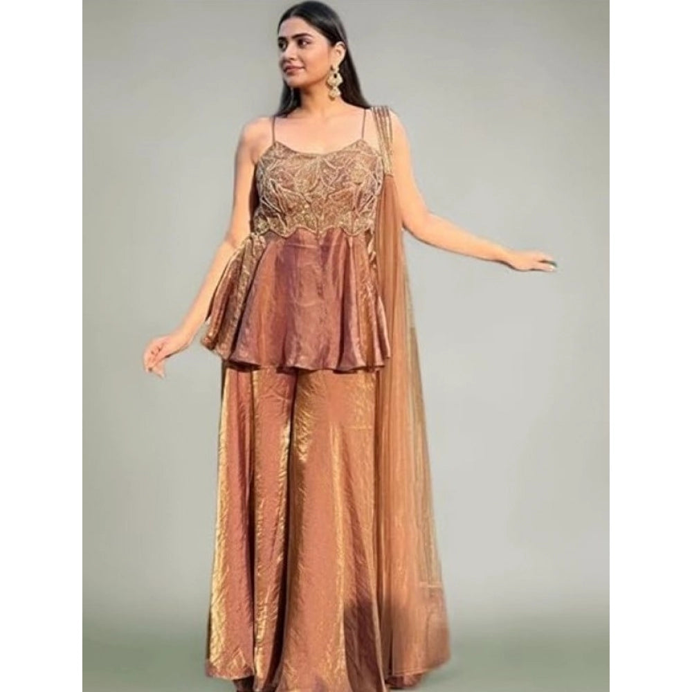 HD Women's Silk Embroidered Sleeveless Round Kurti With Palazzo Pant and Dupatta Set (Brown)