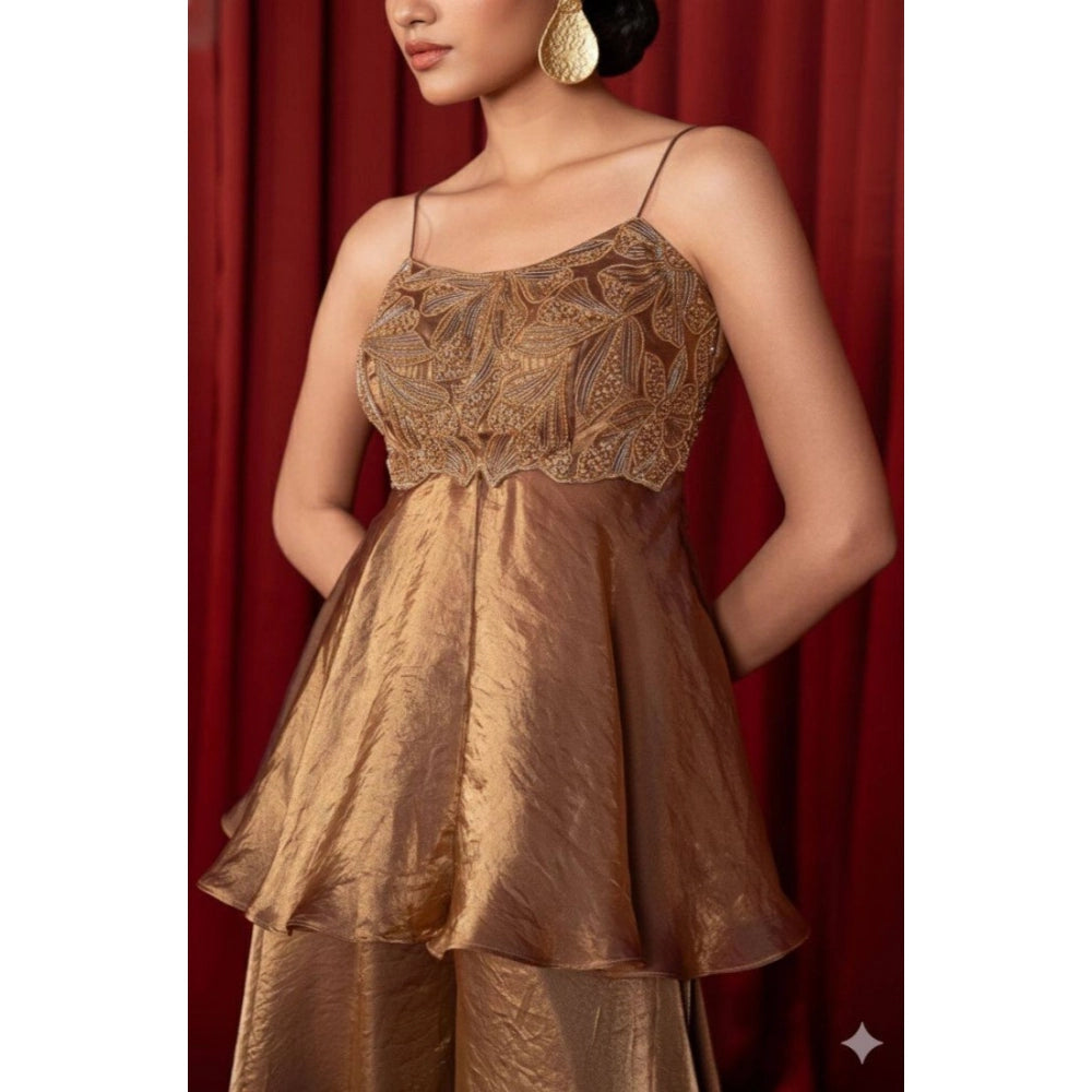 HD Women's Silk Embroidered Sleeveless Round Kurti With Palazzo Pant and Dupatta Set (Brown)
