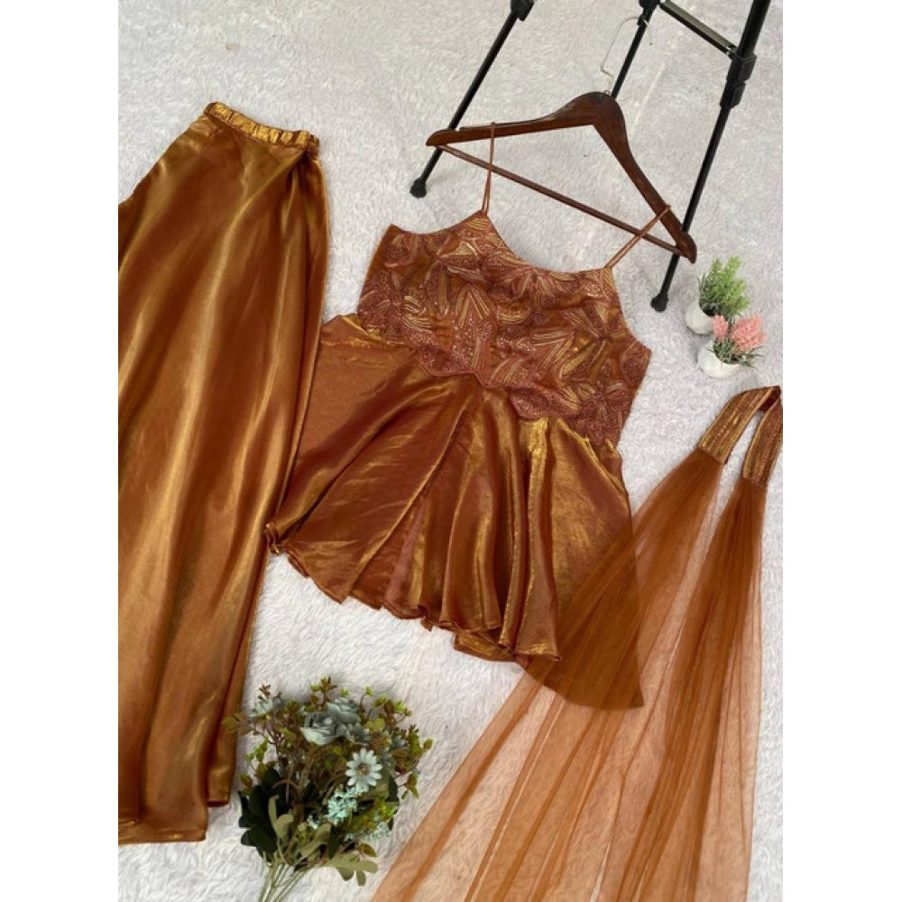 HD Women's Silk Embroidered Sleeveless Round Kurti With Palazzo Pant and Dupatta Set (Brown)