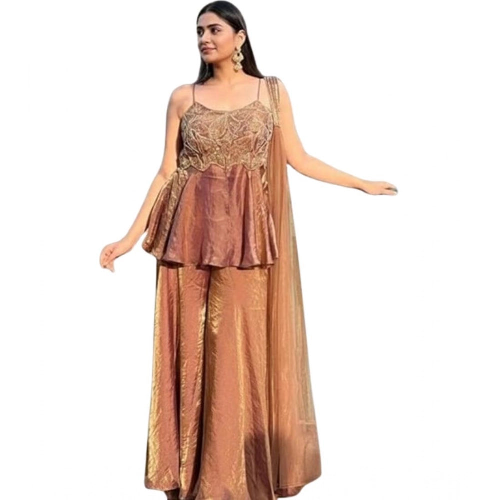 HD Women's Silk Embroidered Sleeveless Round Kurti With Palazzo Pant and Dupatta Set (Brown)