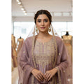 HD Women's Silk Embroidered 3/4th Sleeve Round Kurti With Sharara Pant and Dupatta Set (Purple)