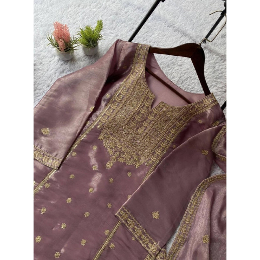 HD Women's Silk Embroidered 3/4th Sleeve Round Kurti With Sharara Pant and Dupatta Set (Purple)