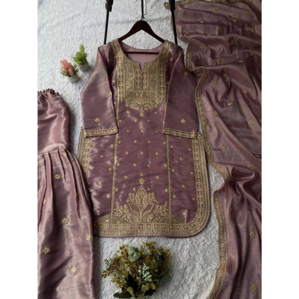 HD Women's Silk Embroidered 3/4th Sleeve Round Kurti With Sharara Pant and Dupatta Set (Purple)