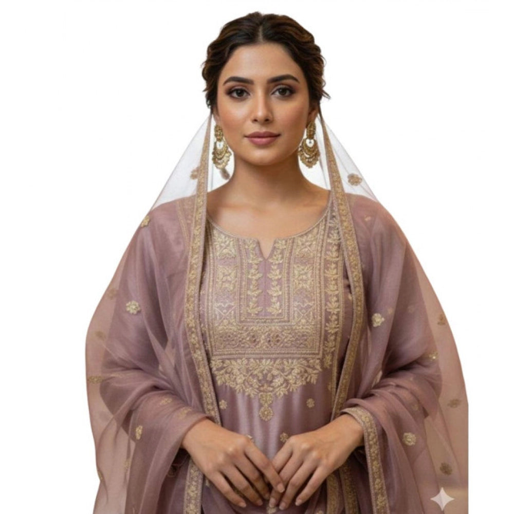 HD Women's Silk Embroidered 3/4th Sleeve Round Kurti With Sharara Pant and Dupatta Set (Purple)