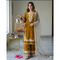HD Women's Silk Embroidered 3/4th Sleeve Round Kurti With Palazzo Pant and Dupatta Set (Gold)