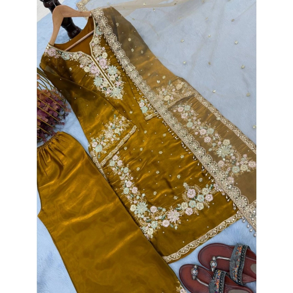HD Women's Silk Embroidered 3/4th Sleeve Round Kurti With Palazzo Pant and Dupatta Set (Gold)