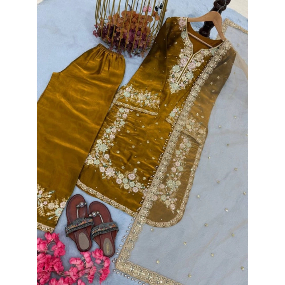 HD Women's Silk Embroidered 3/4th Sleeve Round Kurti With Palazzo Pant and Dupatta Set (Gold)