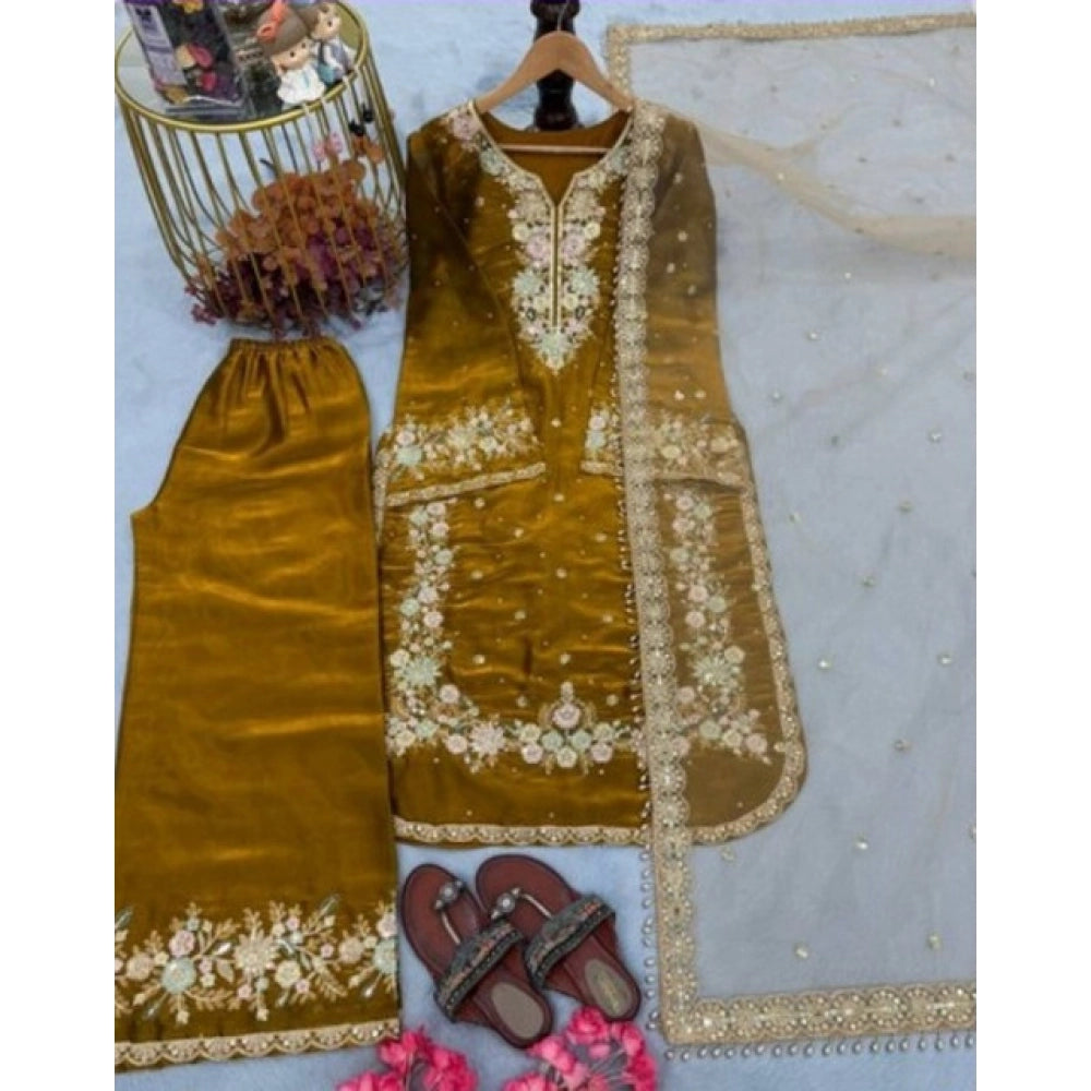 HD Women's Silk Embroidered 3/4th Sleeve Round Kurti With Palazzo Pant and Dupatta Set (Gold)