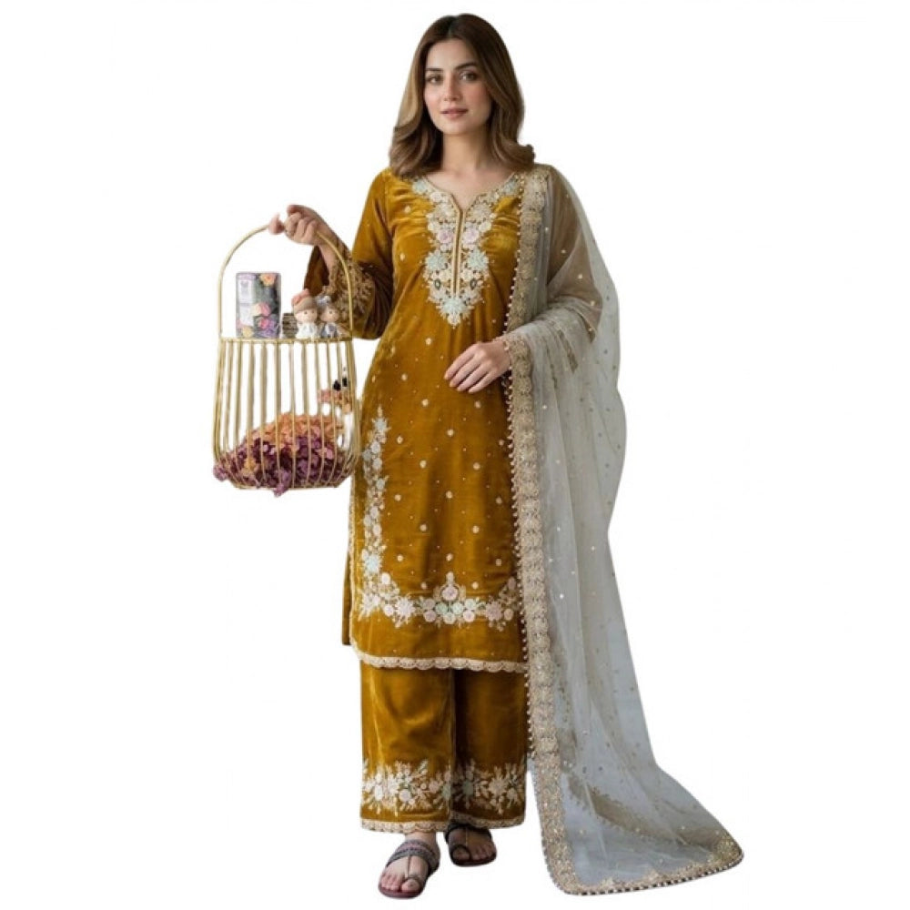 HD Women's Silk Embroidered 3/4th Sleeve Round Kurti With Palazzo Pant and Dupatta Set (Gold)