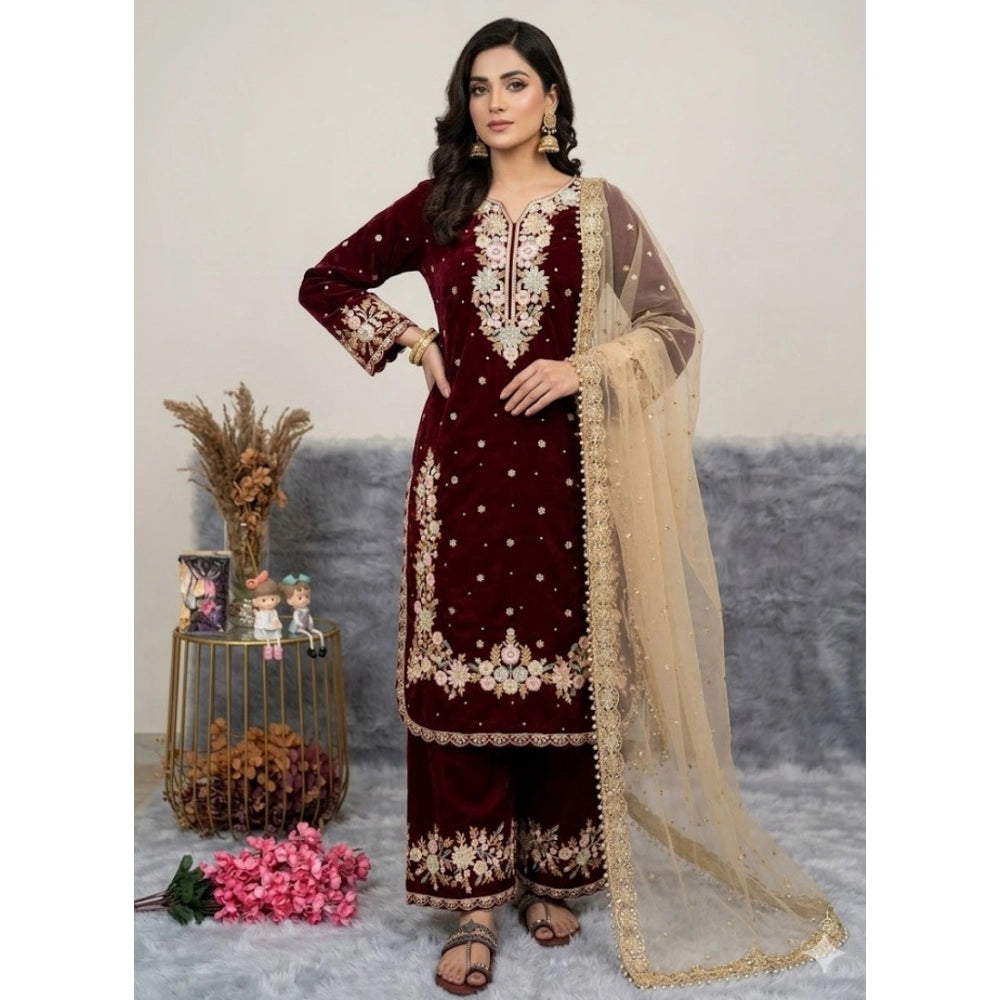 HD Women's Silk Embroidered 3/4th Sleeve Round Kurti With Palazzo Pant and Dupatta Set (Maroon)