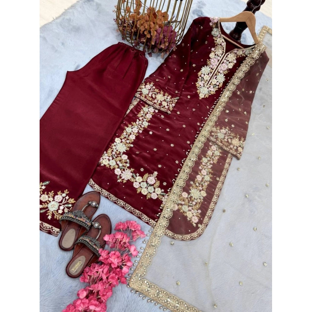 HD Women's Silk Embroidered 3/4th Sleeve Round Kurti With Palazzo Pant and Dupatta Set (Maroon)