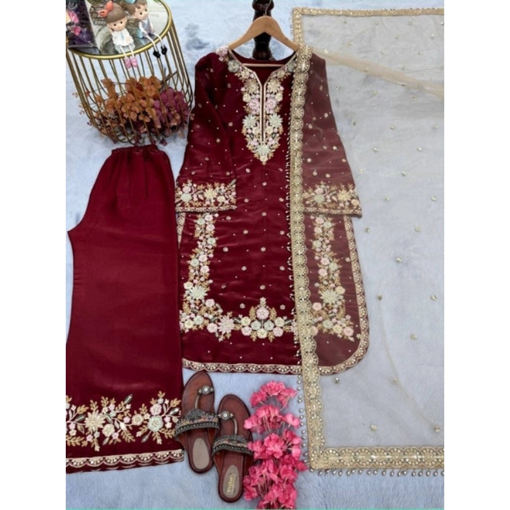 HD Women's Silk Embroidered 3/4th Sleeve Round Kurti With Palazzo Pant and Dupatta Set (Maroon)
