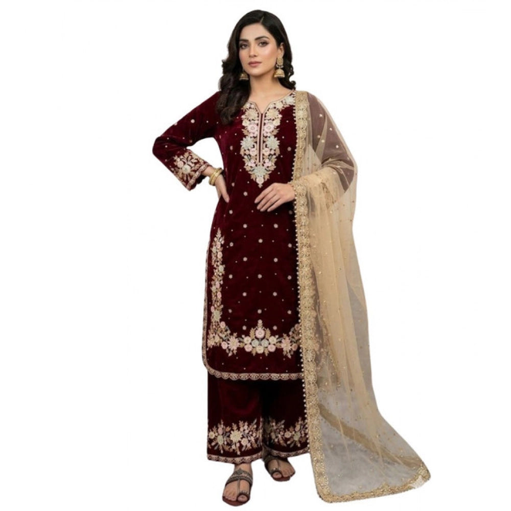 HD Women's Silk Embroidered 3/4th Sleeve Round Kurti With Palazzo Pant and Dupatta Set (Maroon)