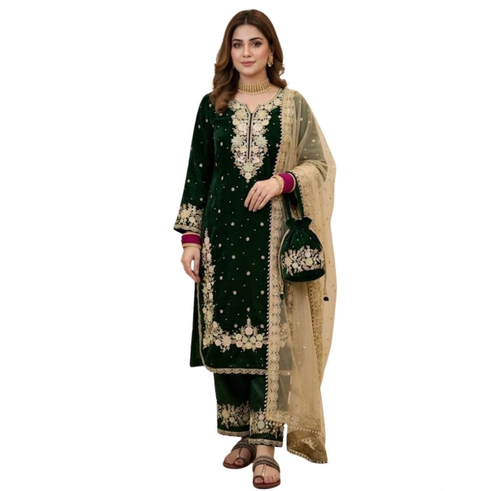 HD Women's Silk Embroidered 3/4th Sleeve Round Kurti With Palazzo Pant and Dupatta Set (Dark Green)