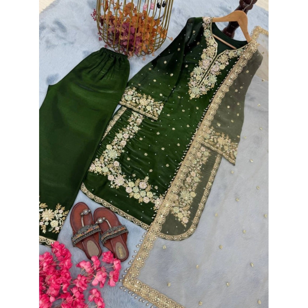 HD Women's Silk Embroidered 3/4th Sleeve Round Kurti With Palazzo Pant and Dupatta Set (Dark Green)