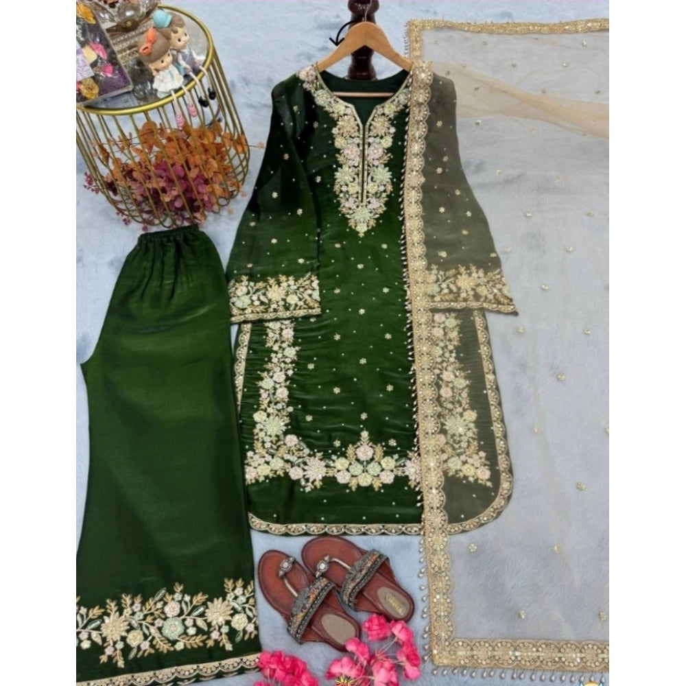 HD Women's Silk Embroidered 3/4th Sleeve Round Kurti With Palazzo Pant and Dupatta Set (Dark Green)