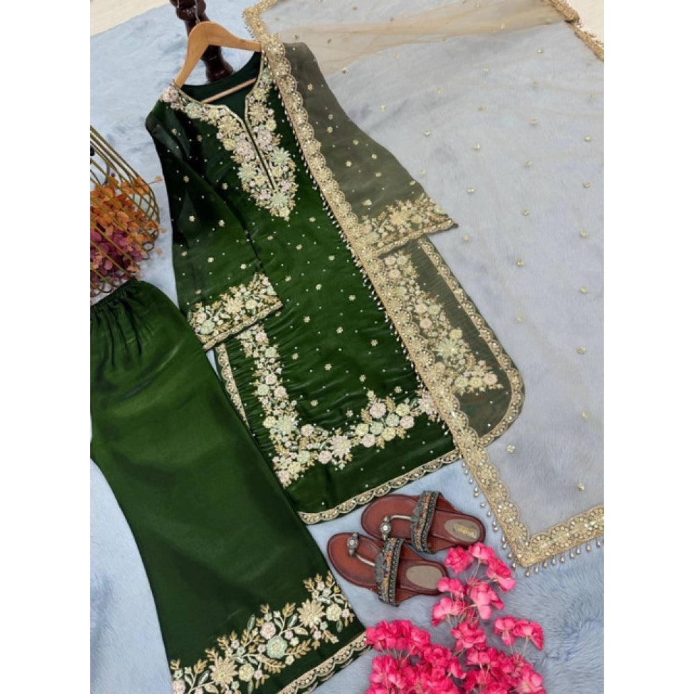 HD Women's Silk Embroidered 3/4th Sleeve Round Kurti With Palazzo Pant and Dupatta Set (Dark Green)