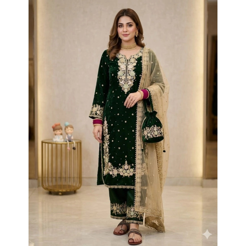 HD Women's Silk Embroidered 3/4th Sleeve Round Kurti With Palazzo Pant and Dupatta Set (Dark Green)