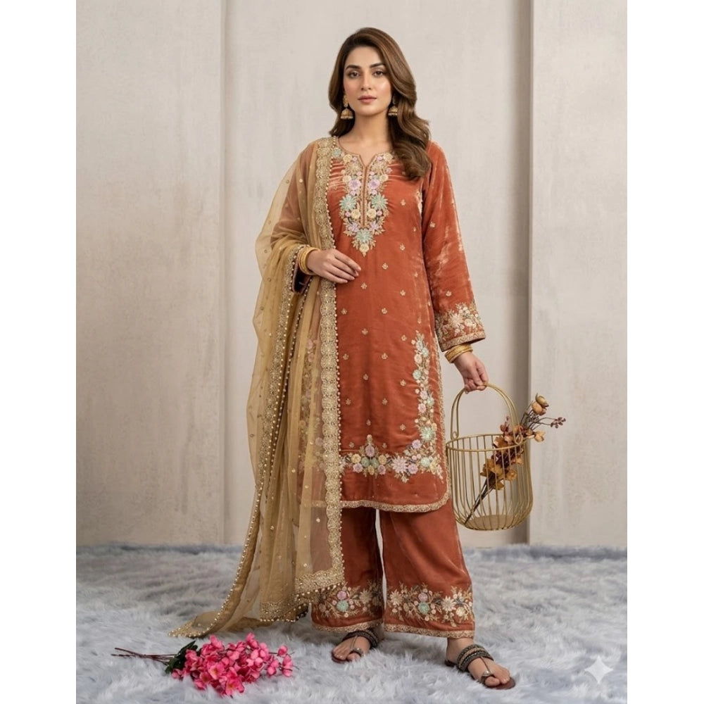 HD Women's Silk Embroidered 3/4th Sleeve Round Kurti With Palazzo Pant and Dupatta Set (Orange)