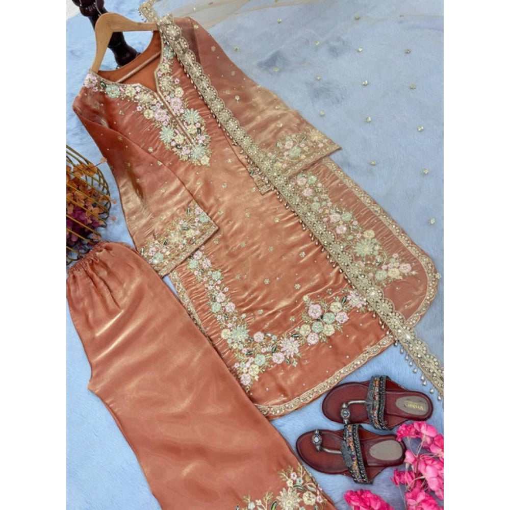 HD Women's Silk Embroidered 3/4th Sleeve Round Kurti With Palazzo Pant and Dupatta Set (Orange)
