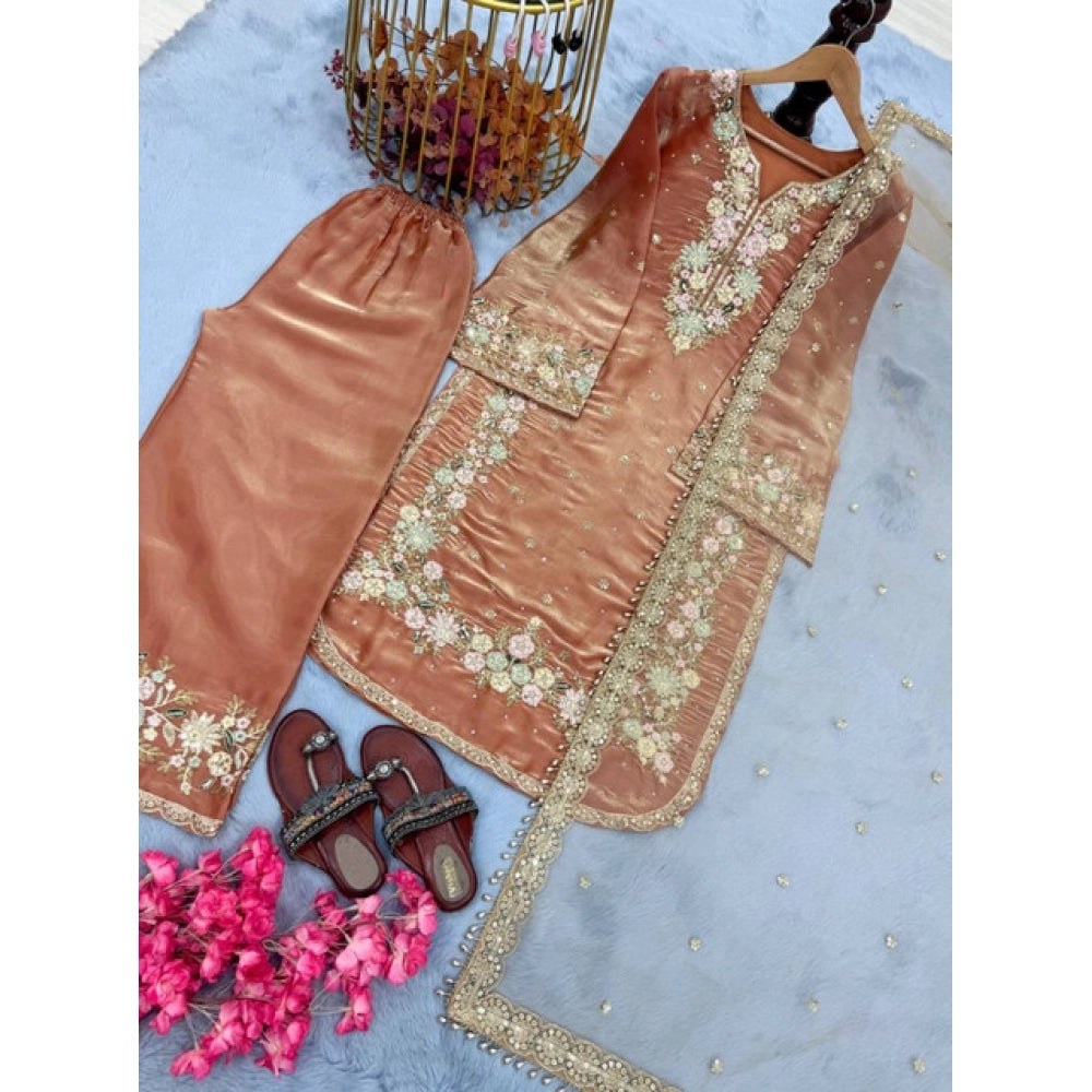 HD Women's Silk Embroidered 3/4th Sleeve Round Kurti With Palazzo Pant and Dupatta Set (Orange)