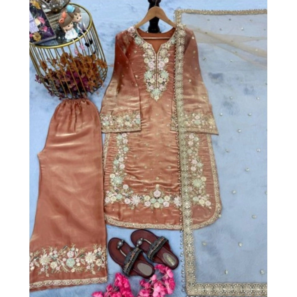 HD Women's Silk Embroidered 3/4th Sleeve Round Kurti With Palazzo Pant and Dupatta Set (Orange)