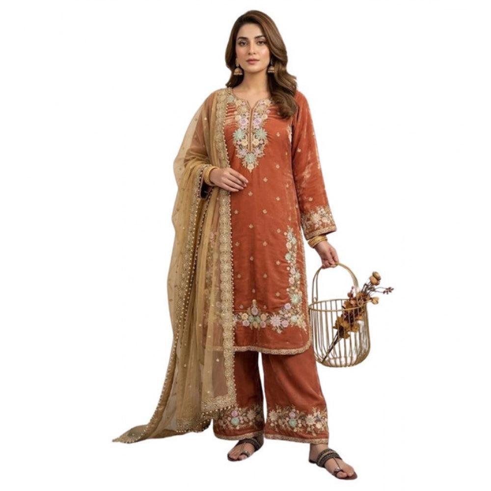 HD Women's Silk Embroidered 3/4th Sleeve Round Kurti With Palazzo Pant and Dupatta Set (Orange)
