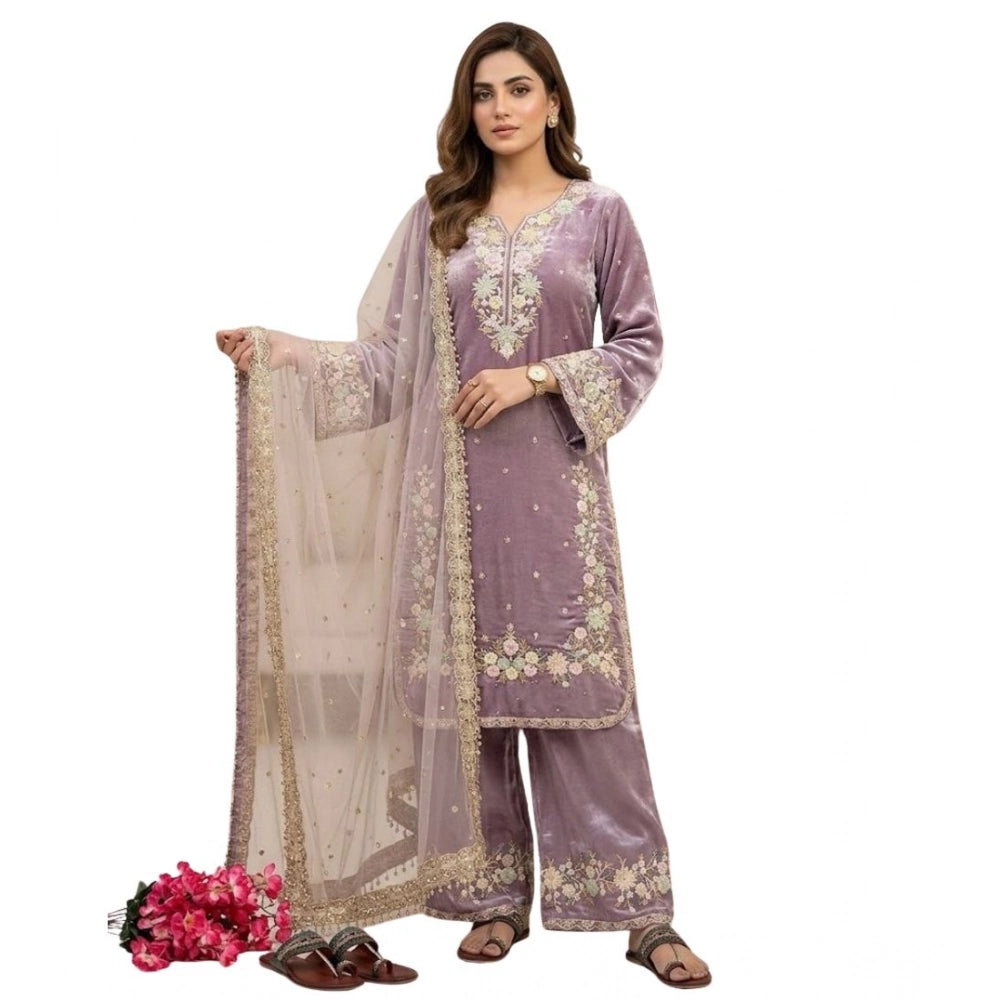 HD Women's Silk Embroidered 3/4th Sleeve Round Kurti With Palazzo Pant and Dupatta Set (Lavender)