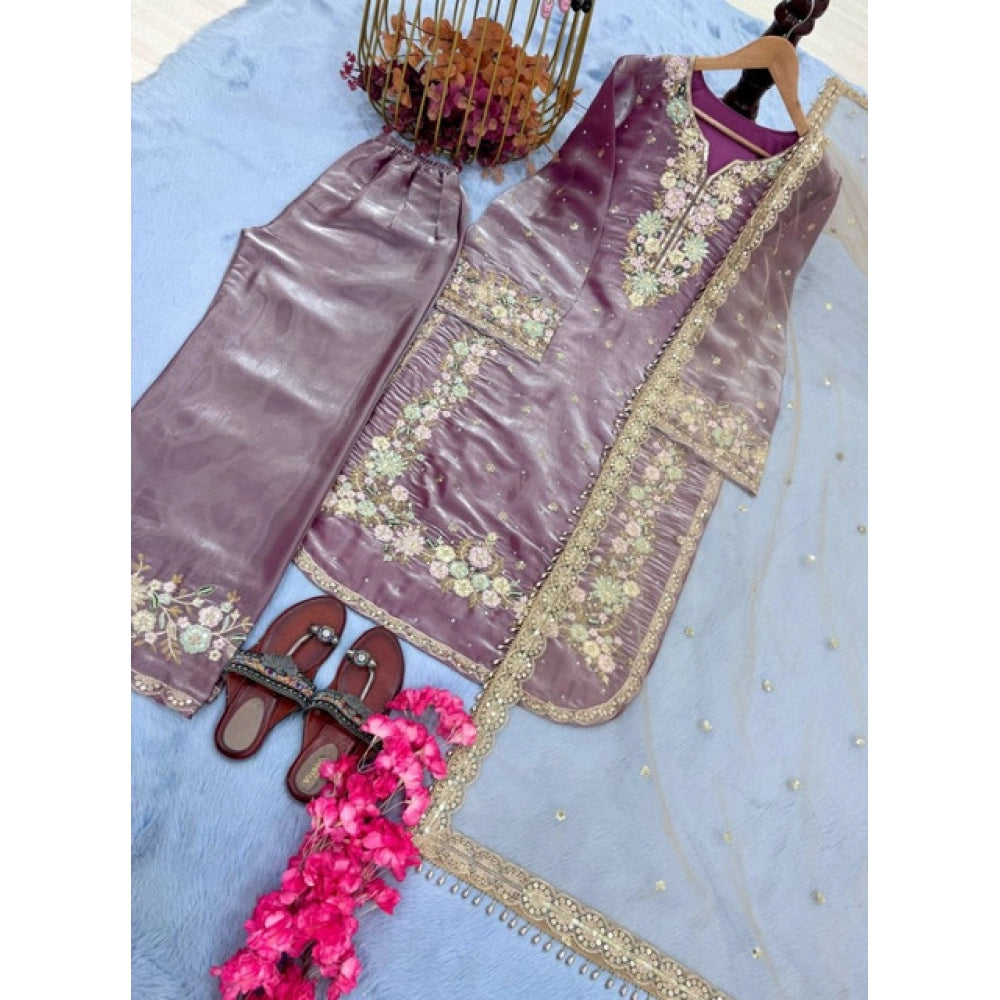 HD Women's Silk Embroidered 3/4th Sleeve Round Kurti With Palazzo Pant and Dupatta Set (Lavender)