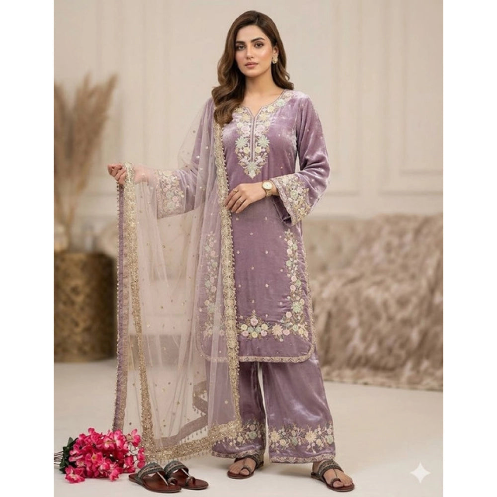 HD Women's Silk Embroidered 3/4th Sleeve Round Kurti With Palazzo Pant and Dupatta Set (Lavender)