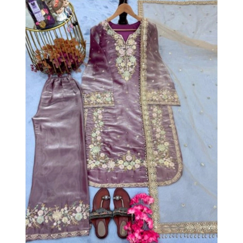 HD Women's Silk Embroidered 3/4th Sleeve Round Kurti With Palazzo Pant and Dupatta Set (Lavender)