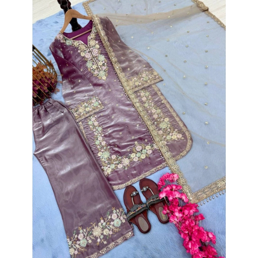 HD Women's Silk Embroidered 3/4th Sleeve Round Kurti With Palazzo Pant and Dupatta Set (Lavender)