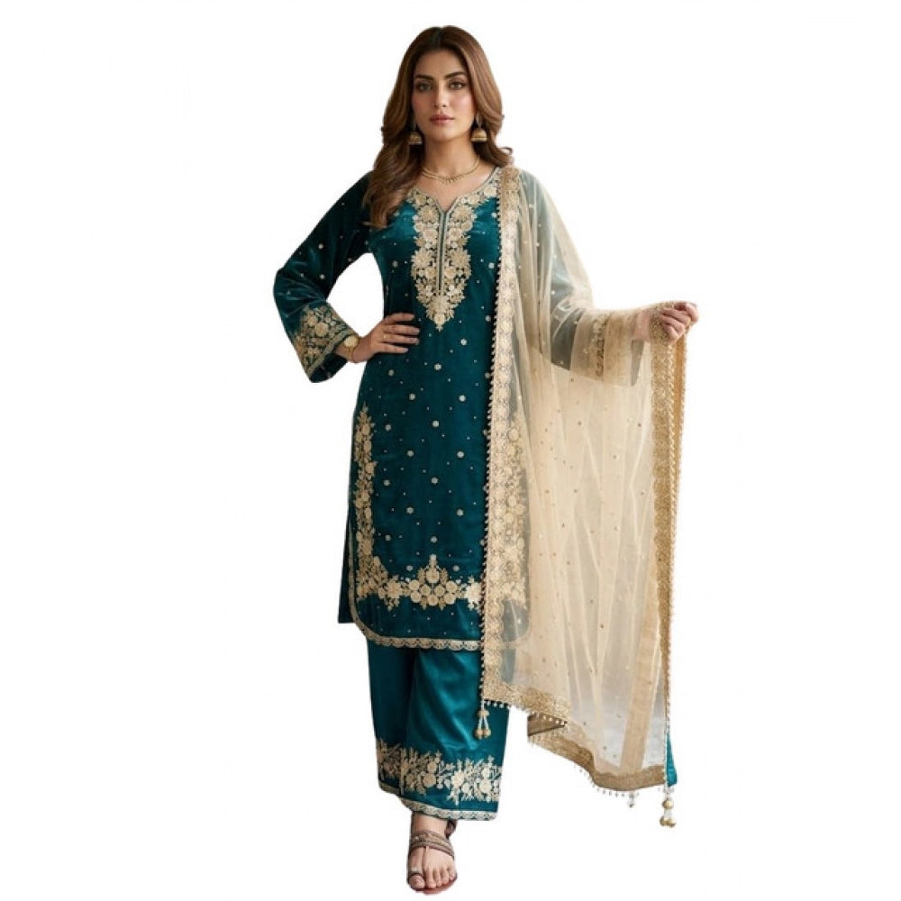 HD Women's Silk Embroidered 3/4th Sleeve Round Kurti With Palazzo Pant and Dupatta Set (Teal)