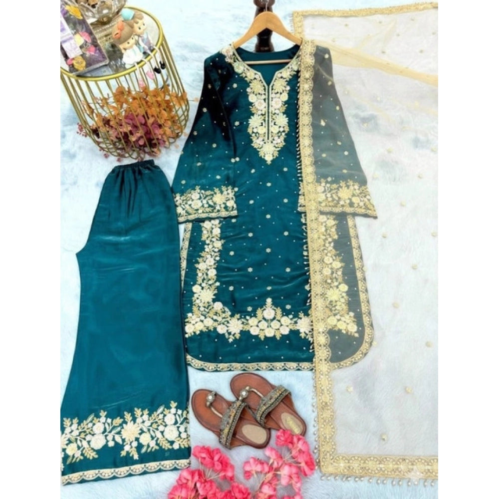HD Women's Silk Embroidered 3/4th Sleeve Round Kurti With Palazzo Pant and Dupatta Set (Teal)
