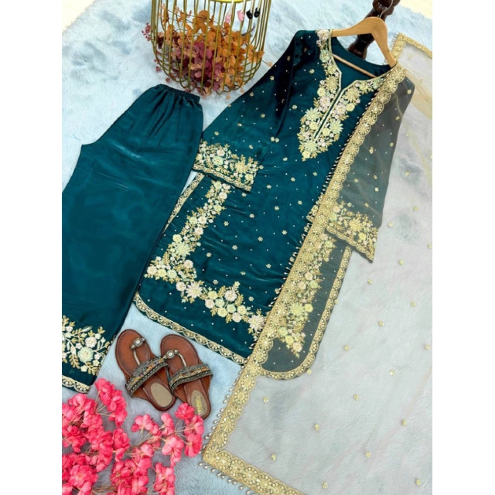 HD Women's Silk Embroidered 3/4th Sleeve Round Kurti With Palazzo Pant and Dupatta Set (Teal)